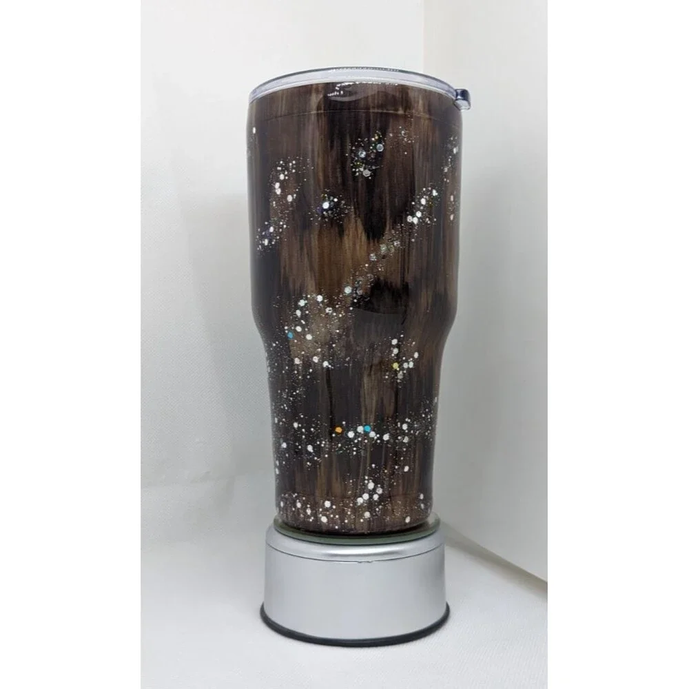 Handpainted Woodgrain Resin Tumbler - Dark Brown & Silver Glitter,  30oz, New